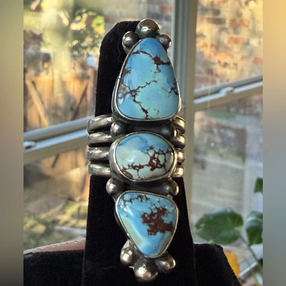 Navajo Readda Begay | Golden Hills Turquoise Triple-Stone Old Pawn Style Ring